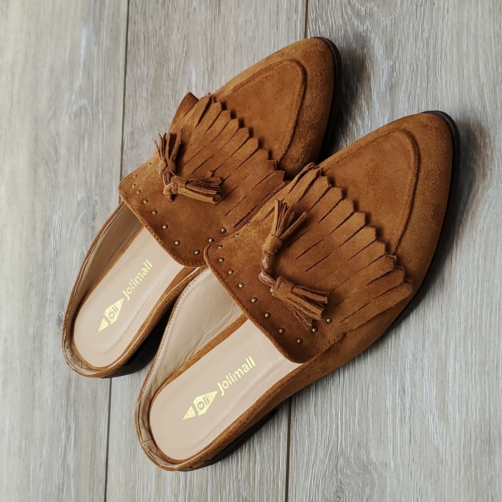 🔥Camel brown, tassel, pointed toe, studded mules, Sz 10 🔥
